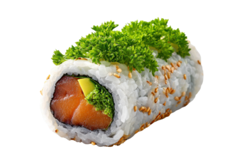 One sushi roll with salmon avocado and green garnish on black background image, Png, Isolated on Transparent Background, Cut Out