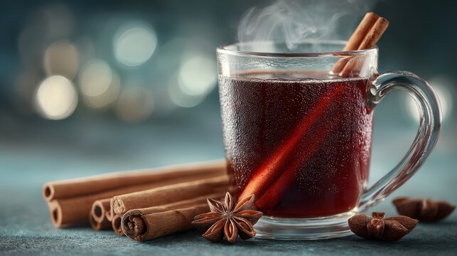 A mug of hot mulled wine or cider with spices, perfect for cozy winter moments.