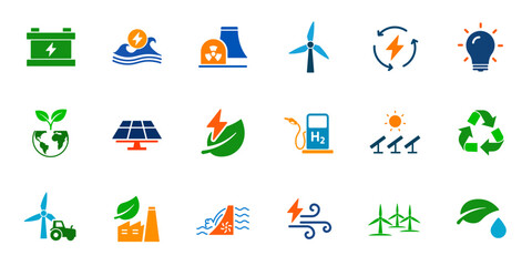 Green energy electricity generation icon set. Solid vector icons of wind power, hydrogen fuel, solar panels, hydroelectric dam, and nuclear power plant.