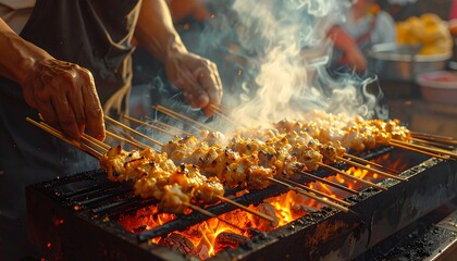 Detailed footage-style close-up of juicy satay skewers grilling over hot coals, vendor’s hands rotating them, smoke and glowing orange firelight