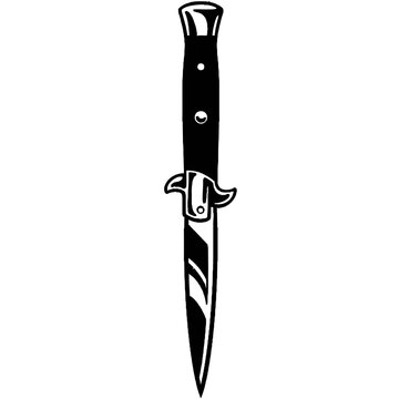 Sleek  Stiletto Stark Tattoo Stencil Vector, Classic Switchblade Dagger, Upright, Bold Black Fills, Sharp White Outlines