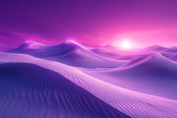 A surreal dreamscape with glowing neon sand dunes under a purple sky
