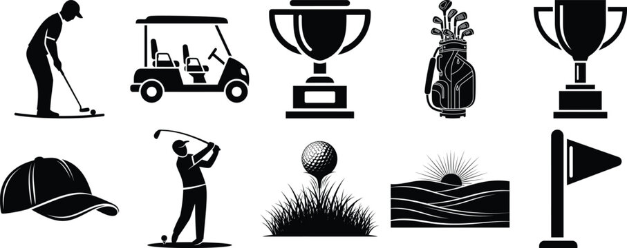 Comprehensive set of golf related icons including golfers, cart, trophies, and essential course elements