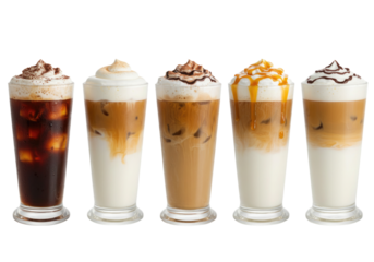 Five iced coffee drinks with whipped cream and chocolate drizzle transparent background cutout png