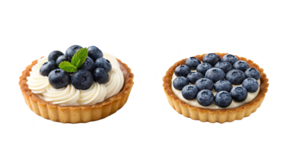 Two blueberry tarts with cream isolated on transparent background