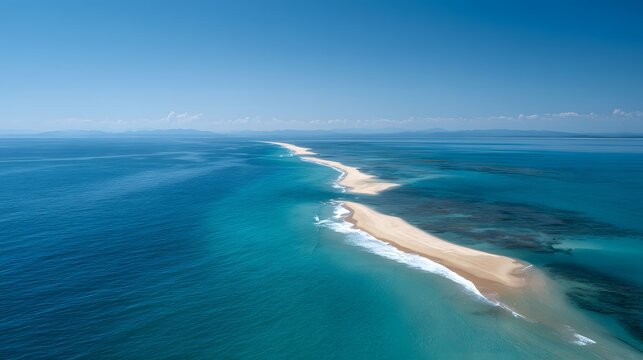 Aerial view captures long, narrow sandbar separating vibrant turquoise ocean waters under a clear blue sky - Powered by Adobe