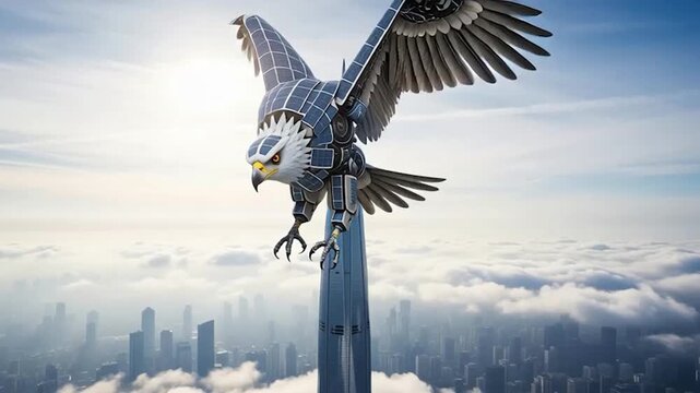 Majestic Robotic Eagle Soars Above Cityscape with Solar Panel Wings.