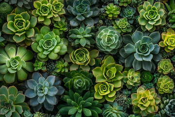 A top-down shot of multiple spiral succulents arranged in a mosaic