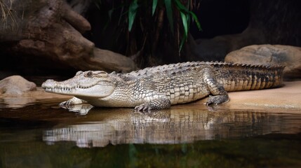 Obraz premium Close-Up of Crocodile Relaxing at Water's Edge in Natural Habitat