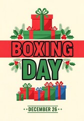 Festive Boxing Day Poster with Gifts and Holly Celebrating December 26th Holiday