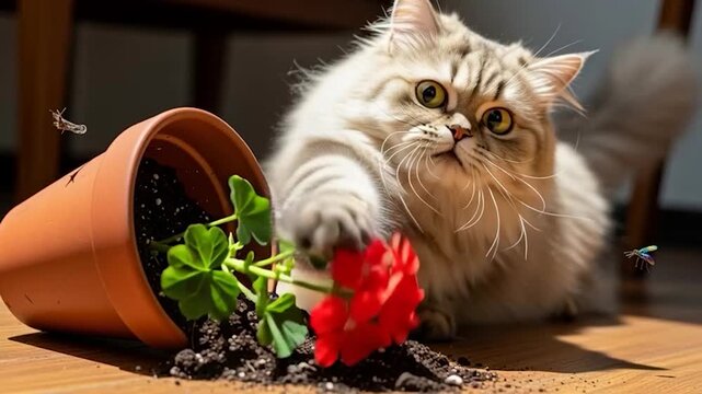 Mischievous Persian Cat Knocks Over Potted Plant Creating a Mess on the Floor.