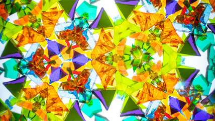 Stunning macro photograph of a natural kaleidoscope pattern, showcasing vibrant colored glass and...