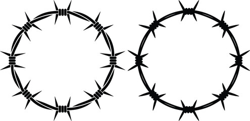 Two black barbed wire circles on white background fence security