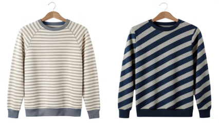 Two striped sweaters hanging on wooden hangers isolated on transparent background