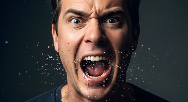 Dramatic close-up portrait of an angry man screaming with rage, saliva flying from his open mouth.