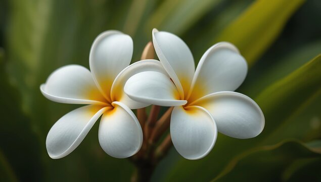Closeup image of tiare flowers at green outdoors background 