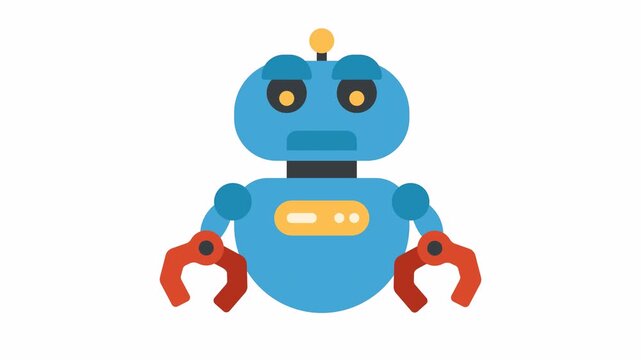 Animated blue robot with red claw hands and yellow details, featuring a simple design, ideal for technology and automation themes.