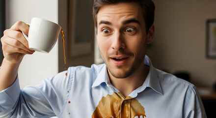 A surprised man in a blue shirt spills coffee on himself while holding a white mug.