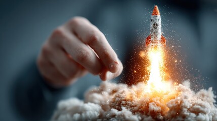 Conceptual image of rocket launch and success representing a business start up or innovation