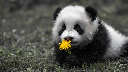 Young bear cub with black and white fur gently holds a bright yellow blossom outdoors