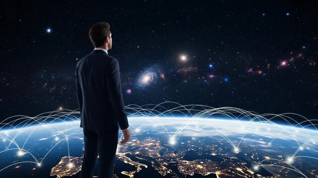 A Thoughtful Man in a Suit Gazes at Earth while Contemplating His Place within the Natural World and the Concept of an Earth Suit