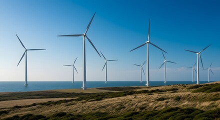 Fototapeta premium Dynamic Coastal Wind Farm Towering Turbines Harnessing Wind Power Over Serene Ocean and Grassy Hills.