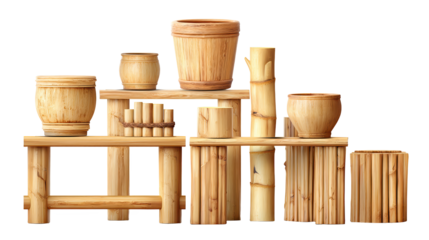 Pile of wooden blocks and pots collection of wood blocks and clay pots arranged together showing texture and form