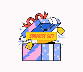 Vector illustration of a surprise gift box with a ribbon and tags showing discount symbols. The open box reveals a Surprise Gift surrounded by confetti elements. Perfect for promotions, holiday offers