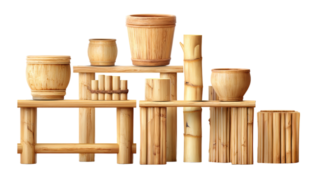 Pile of wooden blocks and pots collection of wood blocks and clay pots arranged together showing texture and form