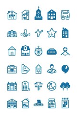 Modern blue icons showcase diverse buildings, people, and abstract shapes for business and lifestyle.