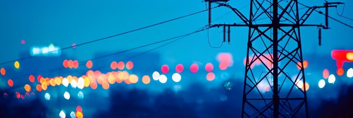 Power lines stretching across the skyline in a vibrant cityscape.