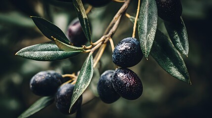 Ripe black olives with dew drops hang from a leafy branch in a close up shot