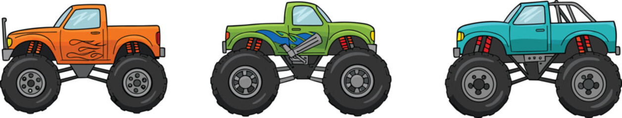 Cad drawing flat vector illustration, cartoon monster truck trio, flame and roll cage design, kids offroad racing clipart set © Noman Art