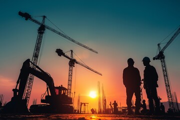 Silhouetted workers discuss at a construction site, with cranes against a vibrant sunset sky, showcasing the blend of industry and nature.