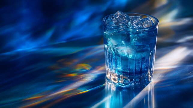 Brilliant blue beverage with melting ice cubes rests on a reflective surface under dramatic light patterns