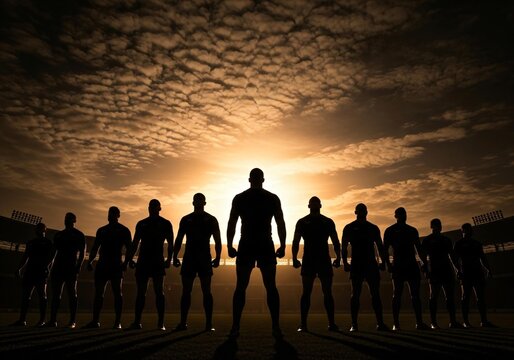 Rugby team stands strong in stadium silhouette