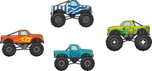 Cad drawing flat vector illustration, cartoon monster truck set, colorful flame design, kids vehicle clipart, off-road racing icons © Noman Art