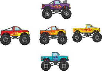 Cad drawing flat vector illustration, cartoon monster truck collection, colorful flame and swirl design, kids racing clipart set © Noman Art