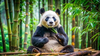 Obraz premium Giant panda bear eating bamboo on natural bamboo forest background