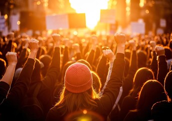 Empowered crowd raising fists in golden sunlight