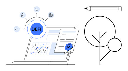 Laptop screen displaying charts, verified certificate, and DEFI linked symbols. Ideal for blockchain, finance, security, innovation, tech development, data management simple flat metaphor