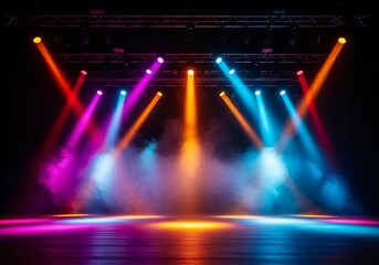 Stage lights illuminate a vibrant performance with colorful beams and fog.