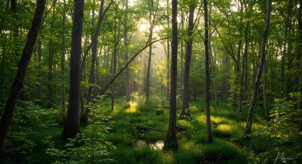 Obraz premium Magical Golden Sunbeams Illuminating Lush Green Forest with Misty Woodland Floor.