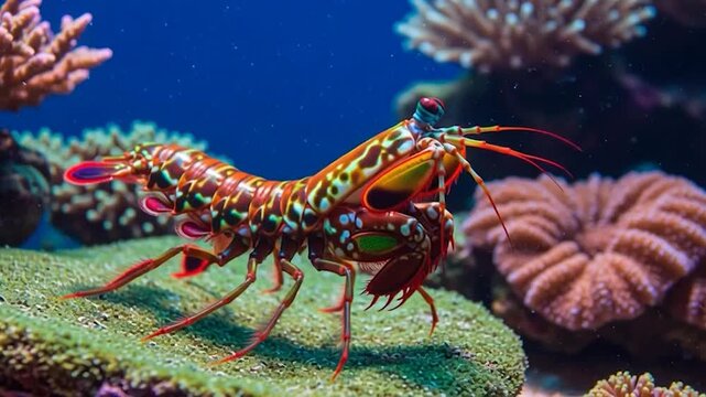 Vibrant Mantis Shrimp on Coral Reef.