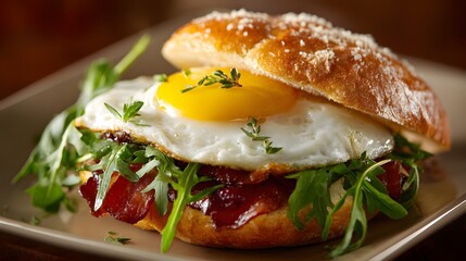 Savory breakfast sandwich featuring a fried egg and bacon nestled inside a seeded roll