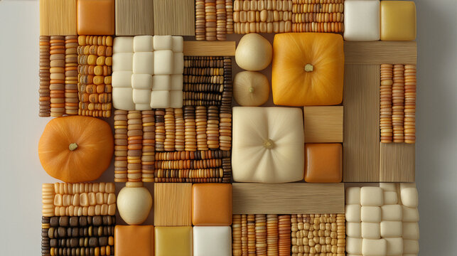 A geometric flat-lay arrangement of pumpkins, corn kernels, and wood textures in warm beige, cream, and orange tones - Generative AI