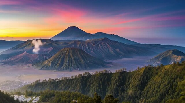 Landscape of Mount Bromo with vibrant sky and lush green foreground