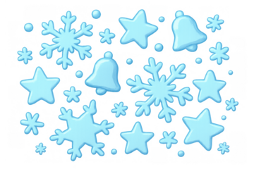 Winter holiday elements set with snowflakes, stars, and bells in light blue color, having a transparent background