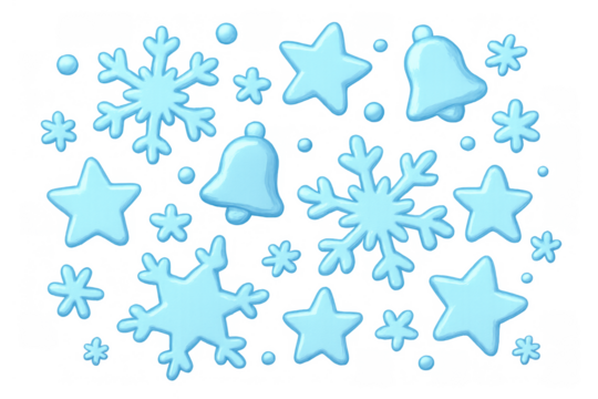 Winter holiday elements set with snowflakes, stars, and bells in light blue color, having a transparent background