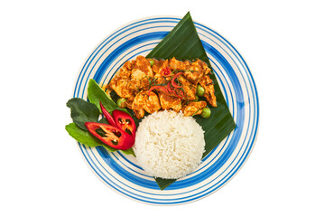 Panang Curry with Rice – Thai Panang Pork or Chicken Served with Steamed Rice Isolated on White with Clipping Path